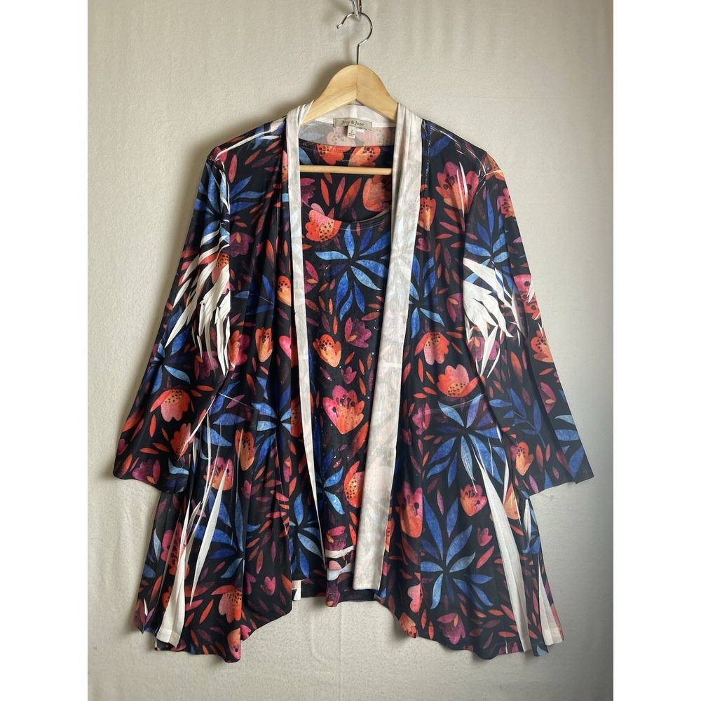Jess And Jane Two Piece Set Tank And Cardigan Size L  Colorful Floral Sequin